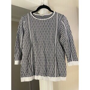 Talbots Small Petite Blue/White Ribbed 100% Cotton Sweater Top Soft Crewneck